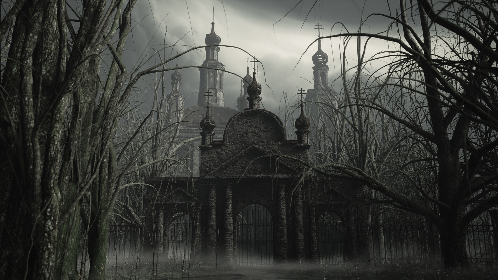 Nature of Dread screenshot of a domed, onion-spired building among bare trees in grey fog.