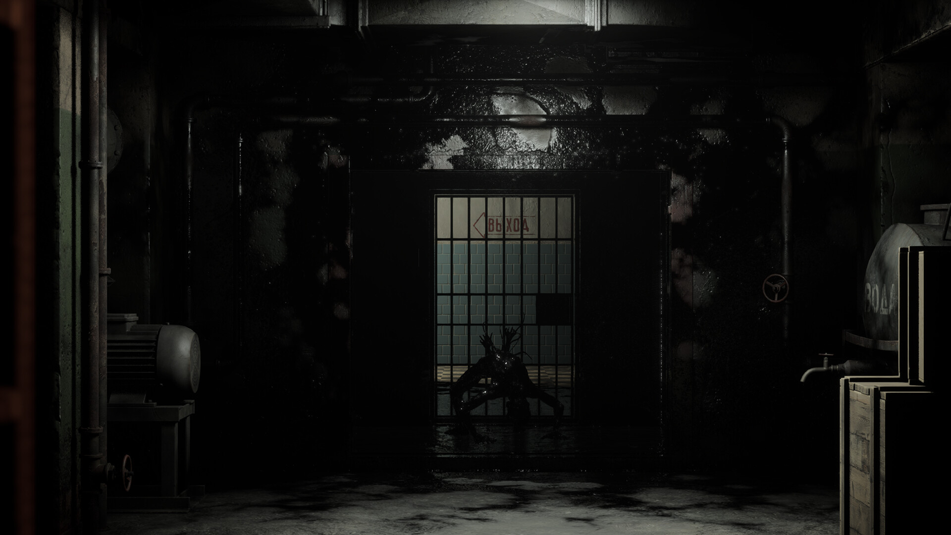 Nature of Dread screenshot of a dark room with a barred gate lit from behind.